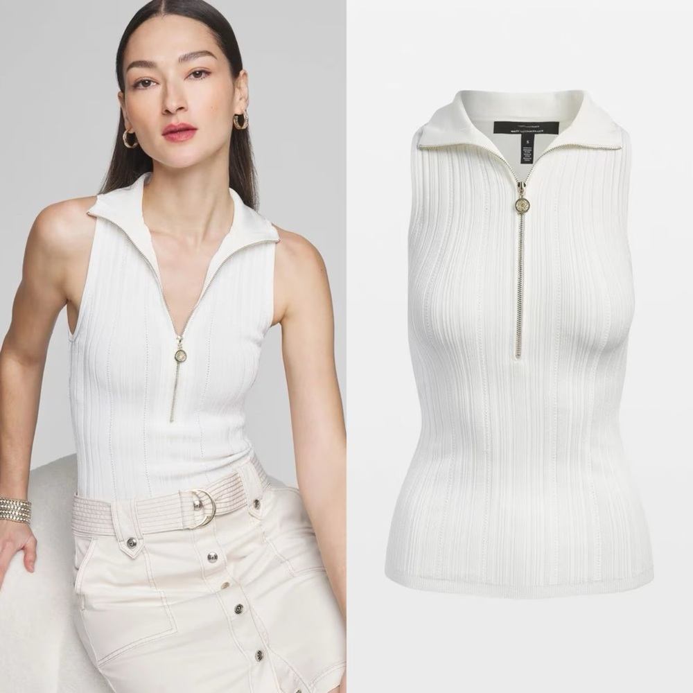 White House Black Market Half Zip Rib Halter Sweater Tank in White Size Small